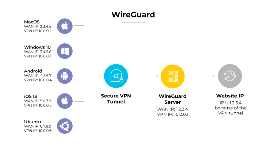 WireGuard protocol showing various devices connected through a secure VPN tunnel to a WireGuard server and then to a website IP address. WireGuard protocol showing various devices connected through a secure VPN tunnel to a WireGuard server and then to a website IP address.