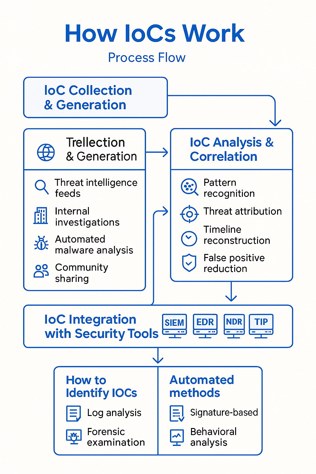 How IoCs Work – Process Flow Infographic A flowchart infographic showing the lifecycle of Indicators of Compromise (IoCs) in four stages: "IoC Collection & Generation," "IoC Analysis & Correlation," "IoC Integration with Security Tools," and "How to Identify IoCs." Each stage includes icons and short descriptions: for example, threat intelligence feeds, pattern recognition, SIEM/EDR/NDR tools, and analysis methods like log review and behavioral analysis.