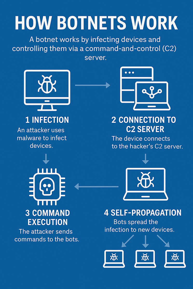 How Botnets Work An infographic that shows how a botnet infects devices and controls them via a command-and-control server.